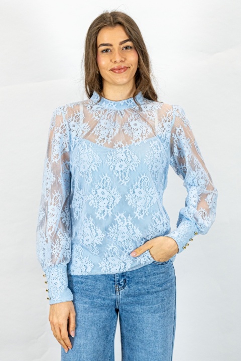 Elegancka koronkowa bluzka w kolorze błękitnym z długim rękawem i stójką - MODA SANOK