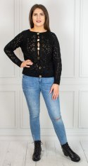 Kardigan ażurowy damski czarny sweter rozpinany srebrne guziki MODA SANOK