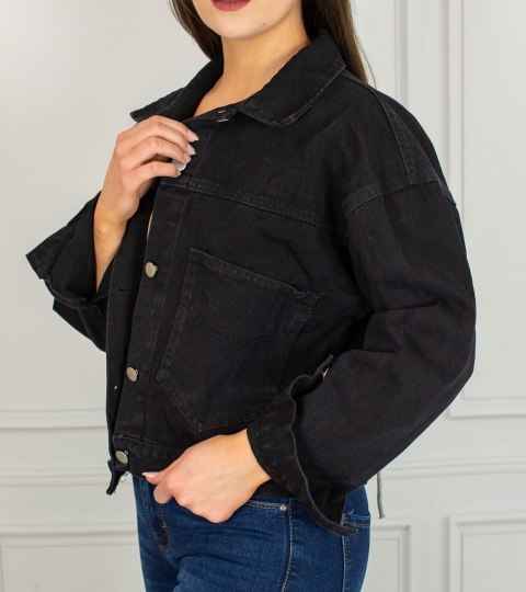 Czarna katana kurtka jeansowa z misiem zapinana na guziki oversize MODA SANOK