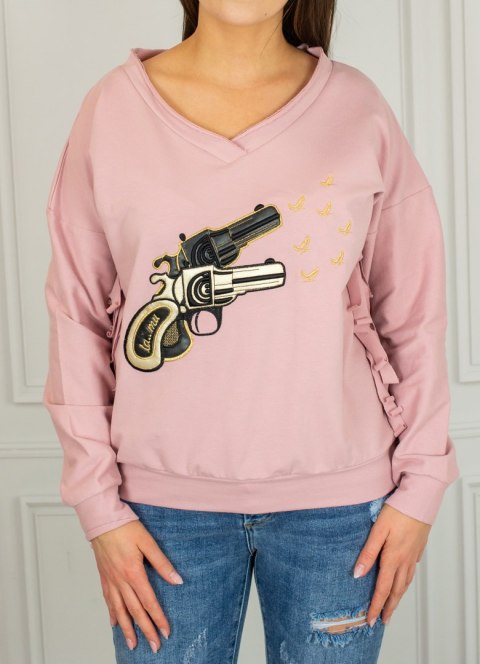 Różowa bluza z frędzlami z nadrukiem rewolwerów MODA SANOK Różowa bluza z frędzlami z nadrukiem rewolwerów MODA SANOK