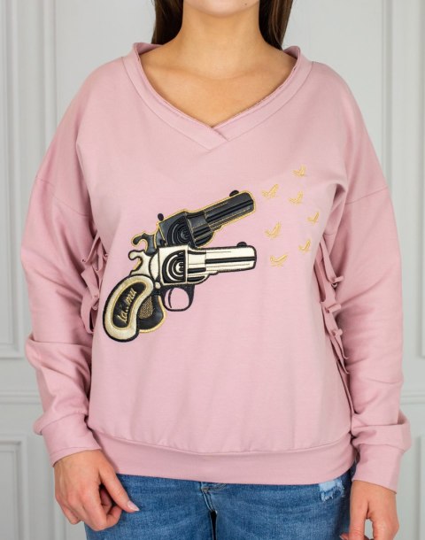 Różowa bluza z frędzlami z nadrukiem rewolwerów MODA SANOK Różowa bluza z frędzlami z nadrukiem rewolwerów MODA SANOK