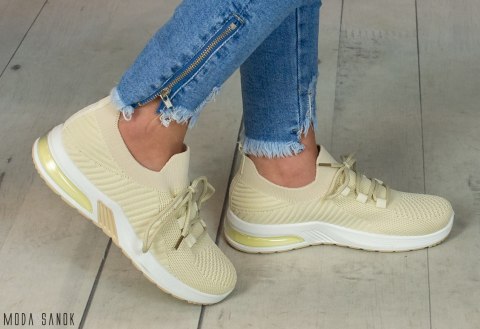 Beżowe damskie buty sportowe materiał siateczka wiązane na sznurówkę Moda Sanok