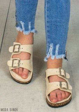 Klapki damskie beżowe na korku z klamrami MODA SANOK