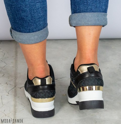 Czarne adidasy z elementami złota damskie lekkie wygodne z ukrytą koturną MODA SANOK Czarne adidasy z elementami złota damskie lekkie wygodne z ukrytą koturną MODA SANOK