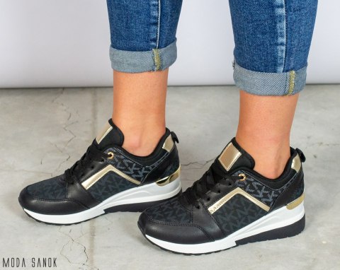 Czarne adidasy z elementami złota damskie lekkie wygodne z ukrytą koturną MODA SANOK Czarne adidasy z elementami złota damskie lekkie wygodne z ukrytą koturną MODA SANOK
