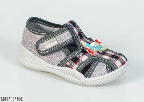 Szare pantofle chłopięce z samolotem Viggami na rzepy oddychające - MODA SANOK
