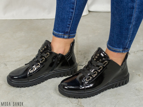 Półbut damski Sergio Leone na wiązanie - czarny - Moda Sanok