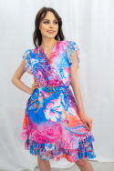 Zwiewna w kolorowy print sukienka z paskiem w talii, mini, krótka z dekoltem Zita - MODA SANOK Zwiewna w kolorowy print sukienka z paskiem w talii, mini, krótka z dekoltem Zita - MODA SANOK